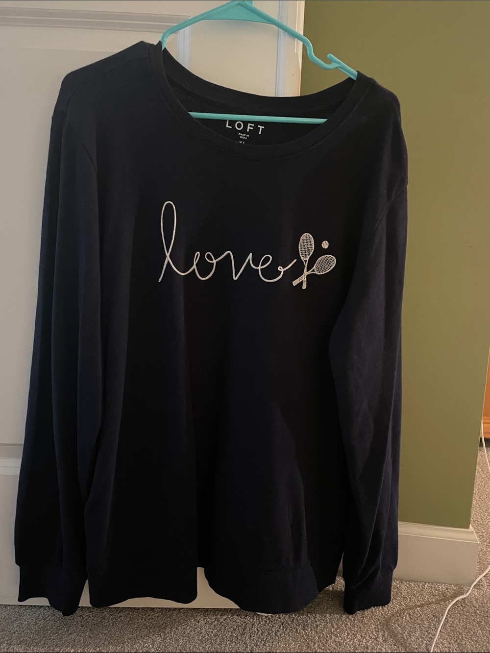 LOFT Navy top with White 'love' Embroidery NWOT